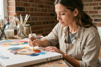 Femme peignant sur une toile numérotée avec un pinceau fin, travail soigné sans effet pixel sur le canvas