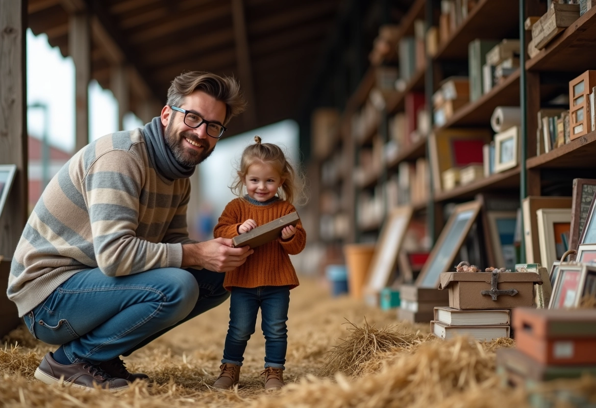 Pere et fille découvrant des jouets anciens dans une vente rurale