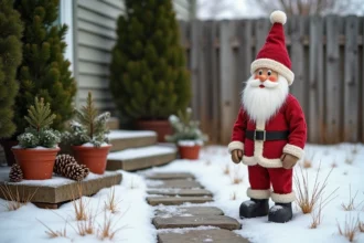 Père Noël artisanal en bois éco-responsable dans un jardin enneigé avec décoration naturelle de pommes de pin