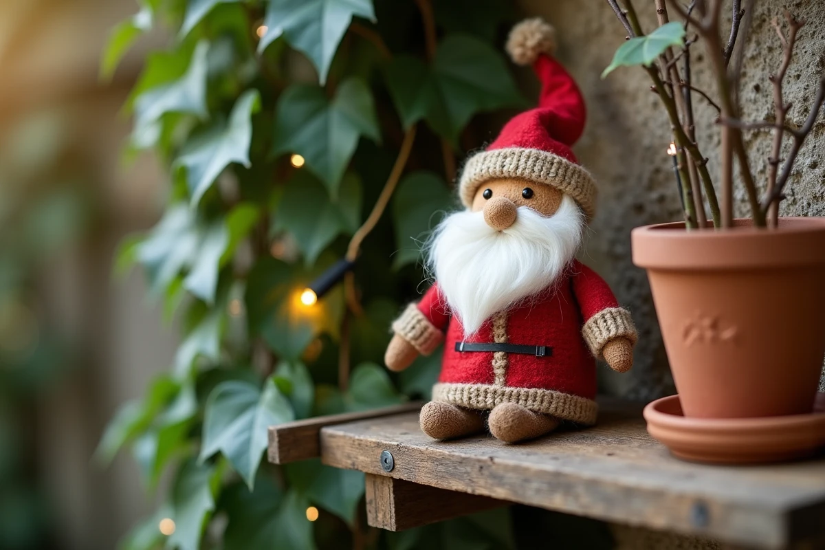 Gros plan d'un père Noël fait main en jute et laine avec guirlande solaire basse consommation sur mur de jardin en pierre