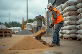 Ouvrier pesant du sable en vrac sur une balance industrielle dans un dépôt de matériaux de construction