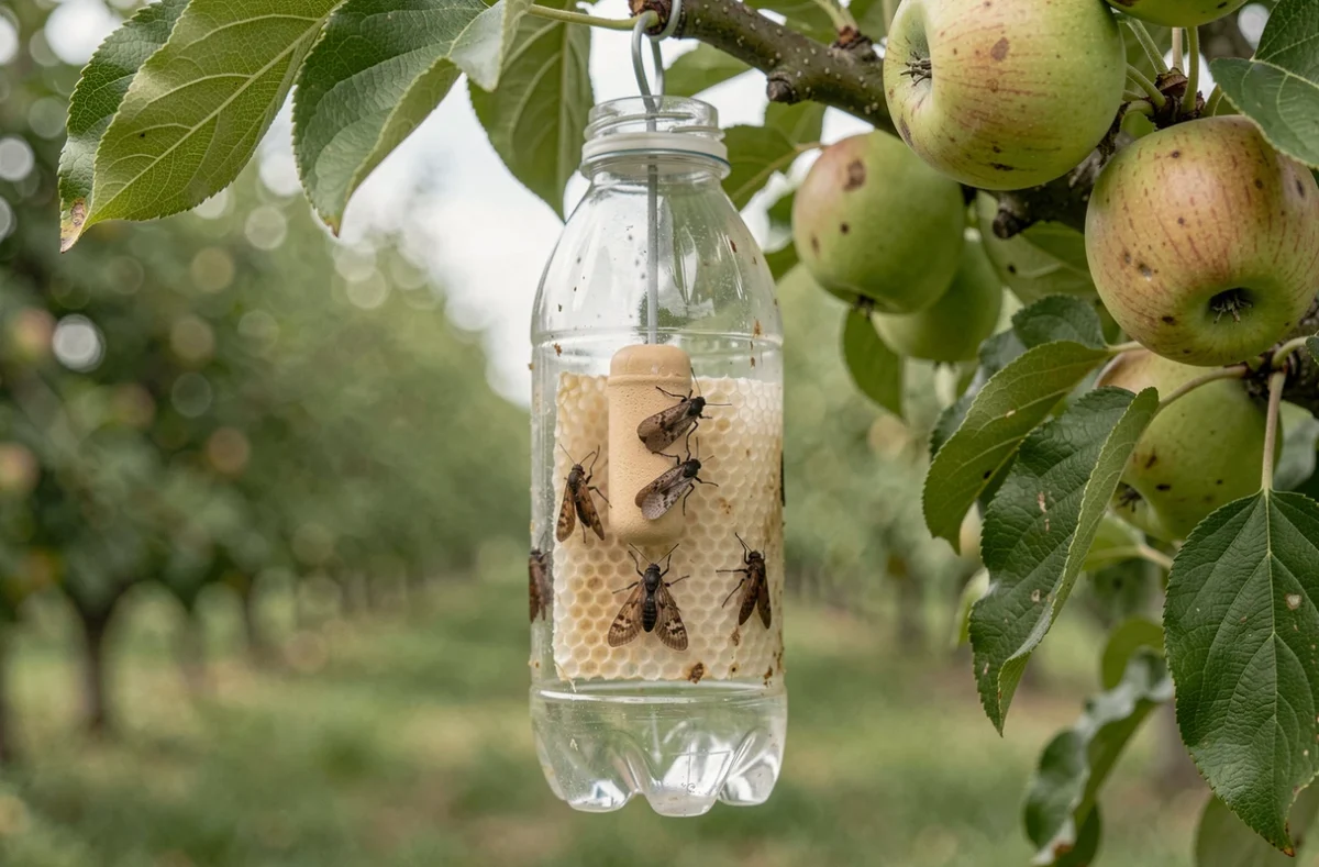 Gros plan d'un piège à phéromone artisanal accroché à un pommier avec des captures de vers de la pomme
