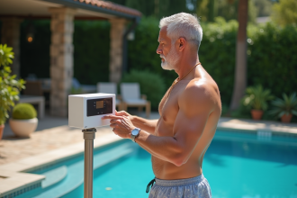 Homme d'âge moyen vérifiant le panneau de contrôle de la piscine