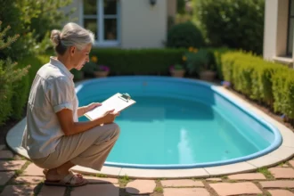 Petite piscine hors-sol non imposable installée dans un jardin pavillonnaire français avec propriétaire consultant les règles fiscales 2026