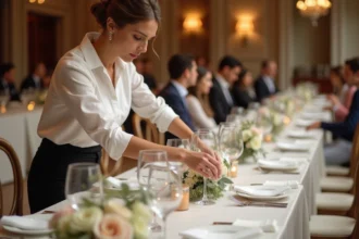 Femme professionnelle de l'événementiel plaçant des verres en cristal sur une table de banquet élégamment dressée