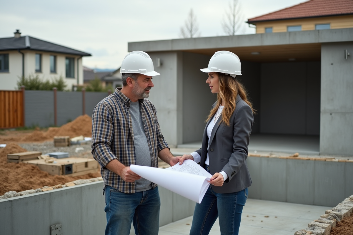 Homme en jeans et femme architecte discutant plans de construction