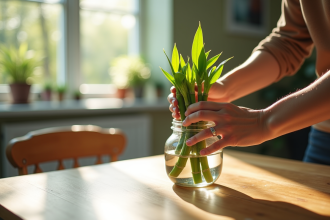 Mains plantant des jeunes bambous dans un bocal au matin