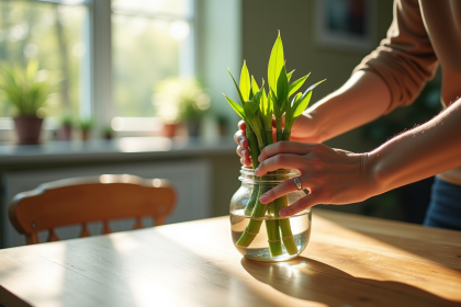 Mains plantant des jeunes bambous dans un bocal au matin