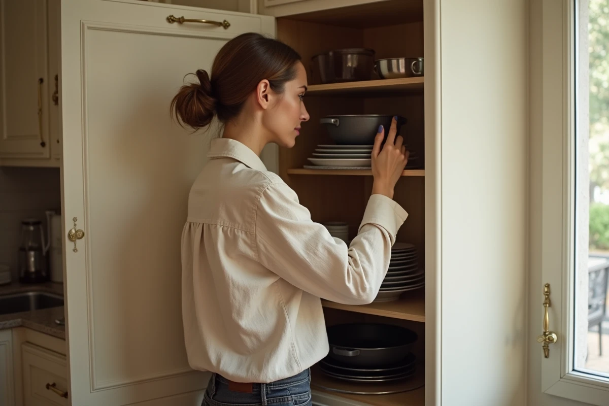Femme utilisant un plateau tournant dans un meuble d'angle de cuisine pour accéder facilement aux ustensiles de cuisine