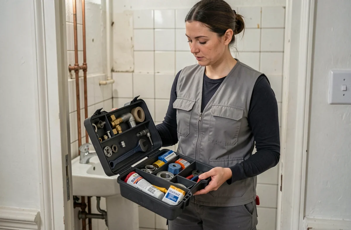 Plombière professionnelle tenant un kit d'outils complet à l'entrée d'une salle de bain pour une intervention d'urgence
