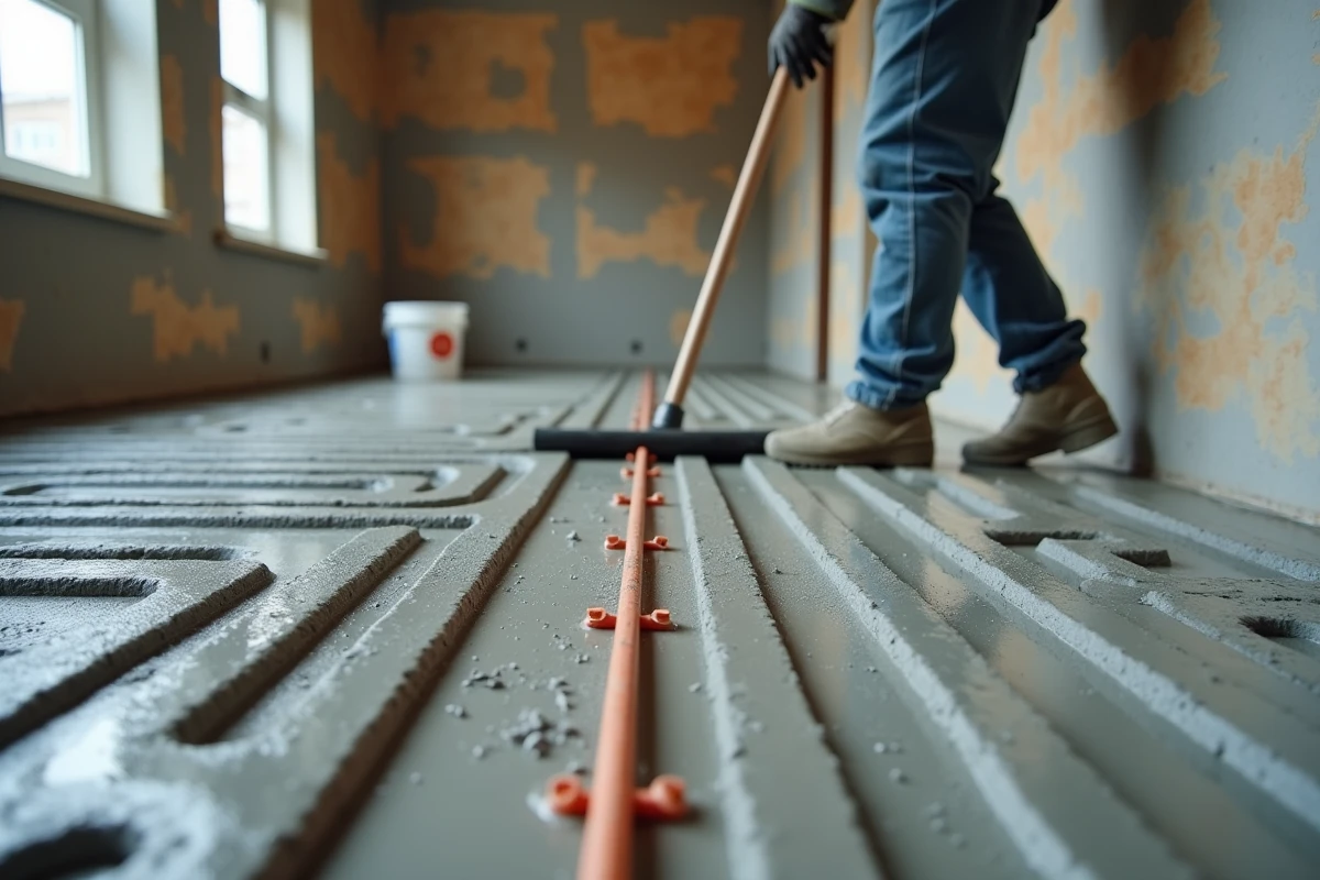 Pose de la chape sur plancher chauffant avec mesure d'épaisseur au peigne de contrôle sur chantier résidentiel