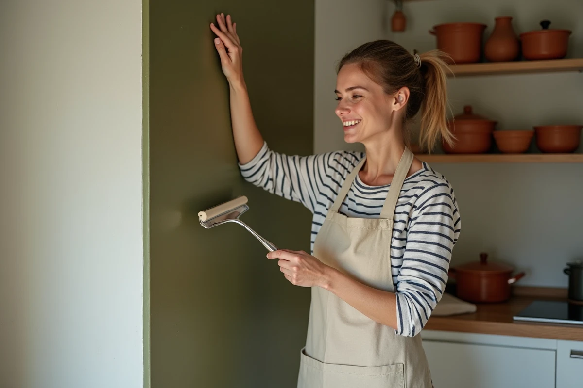 Femme posant une toile enduite vert olive sur le mur de sa cuisine lors de travaux de rénovation, avec un intérieur chaleureux en arrière-plan