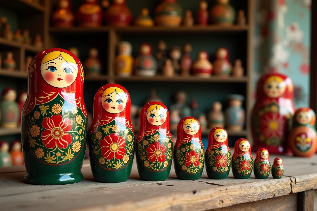 Set de poupées russes Matriochka traditionnelles peintes à la main disposées sur une table en bois rustique dans un marché artisanal