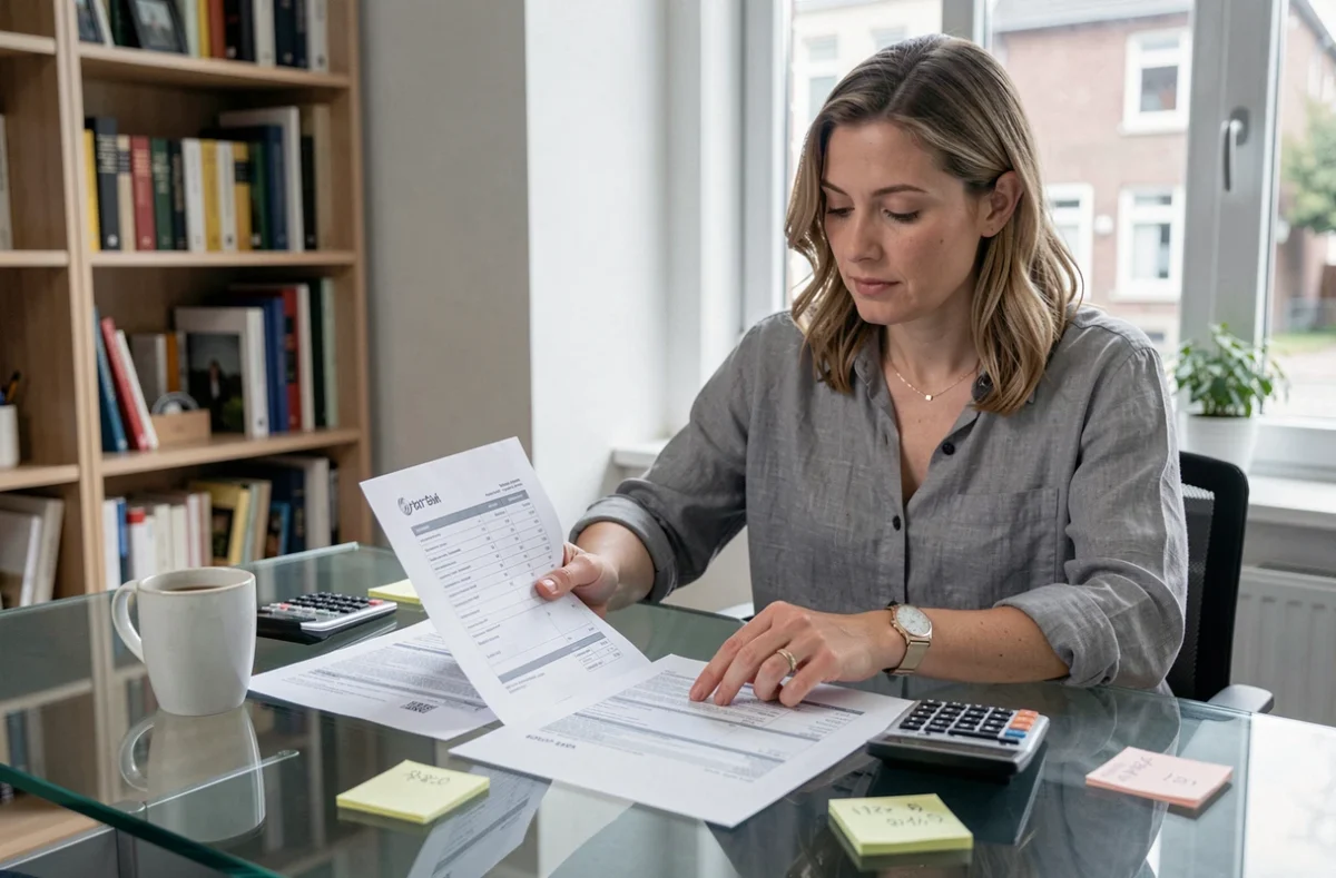 Propriétaire comparant deux devis de rénovation côte à côte dans un bureau à domicile