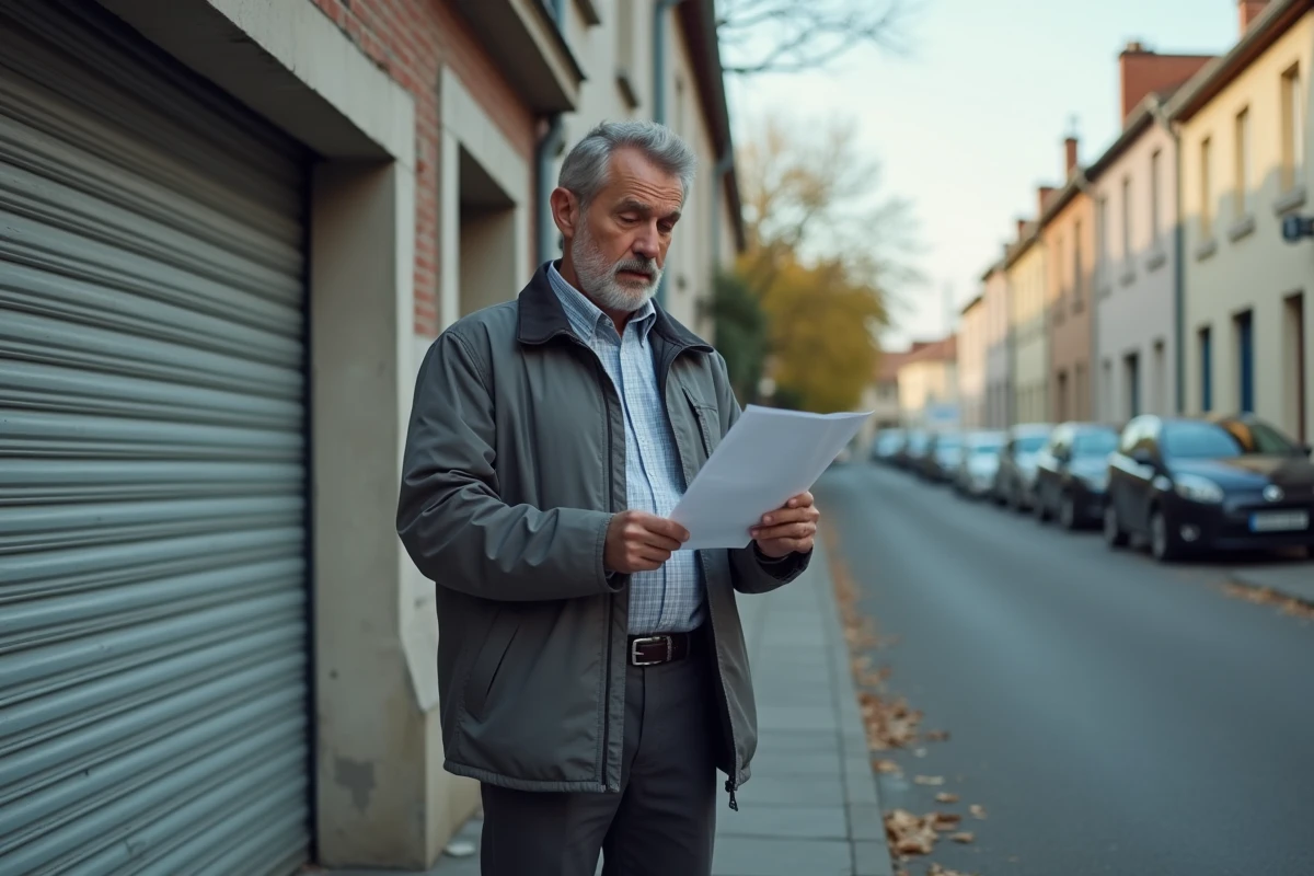 Propriétaire examinant un contrat d'assurance devant un box garage fermé en milieu urbain