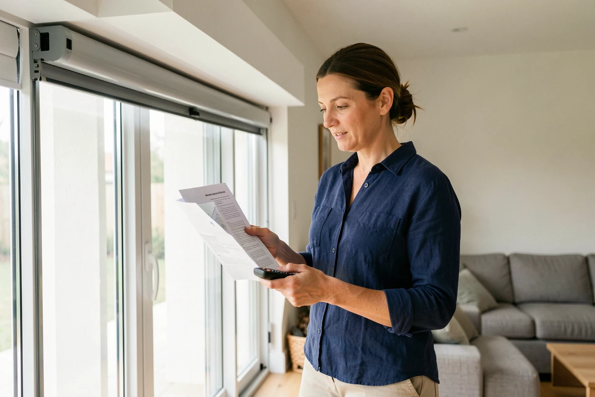 Femme consultant la notice de réinitialisation d'un volet roulant solaire dans un salon moderne