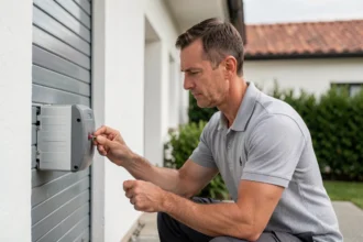 Technicien réinitialisant le moteur d'un volet roulant solaire sur facade de maison moderne