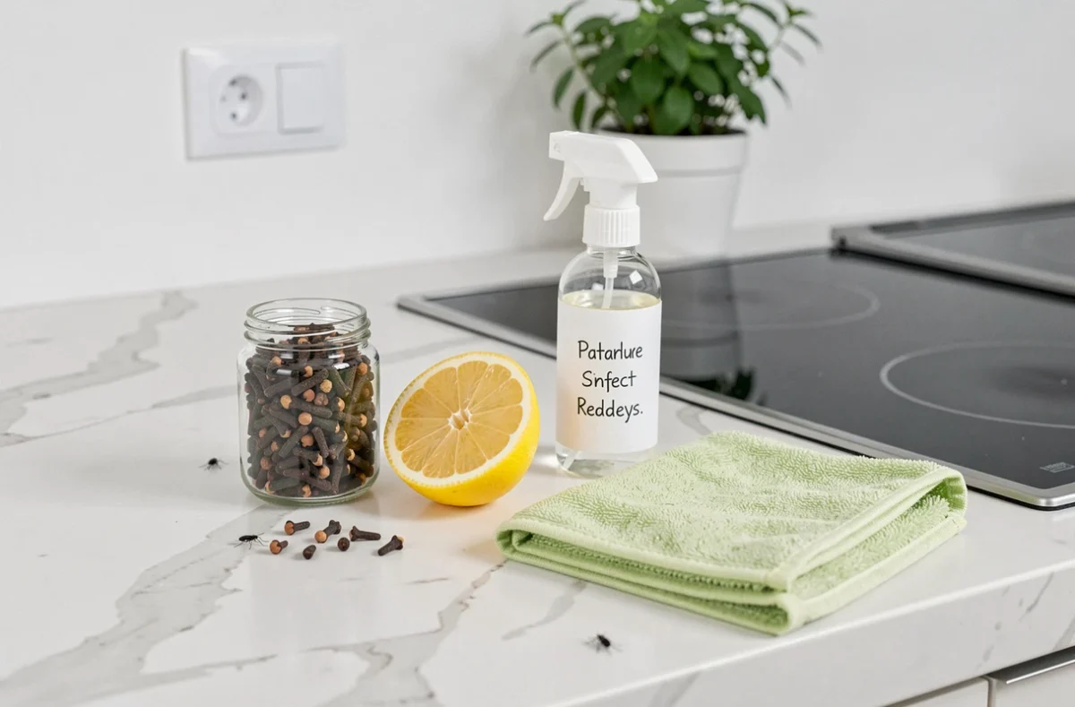 Remèdes naturels contre les insectes noirs dans la cuisine sur un plan de travail
