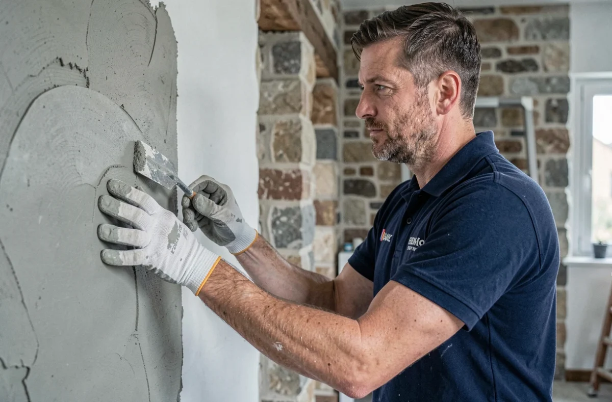 Artisan de Renovatech 76 appliquant du plâtre sur un mur en pierre intérieur lors d'une rénovation à Rouen, Seine-Maritime