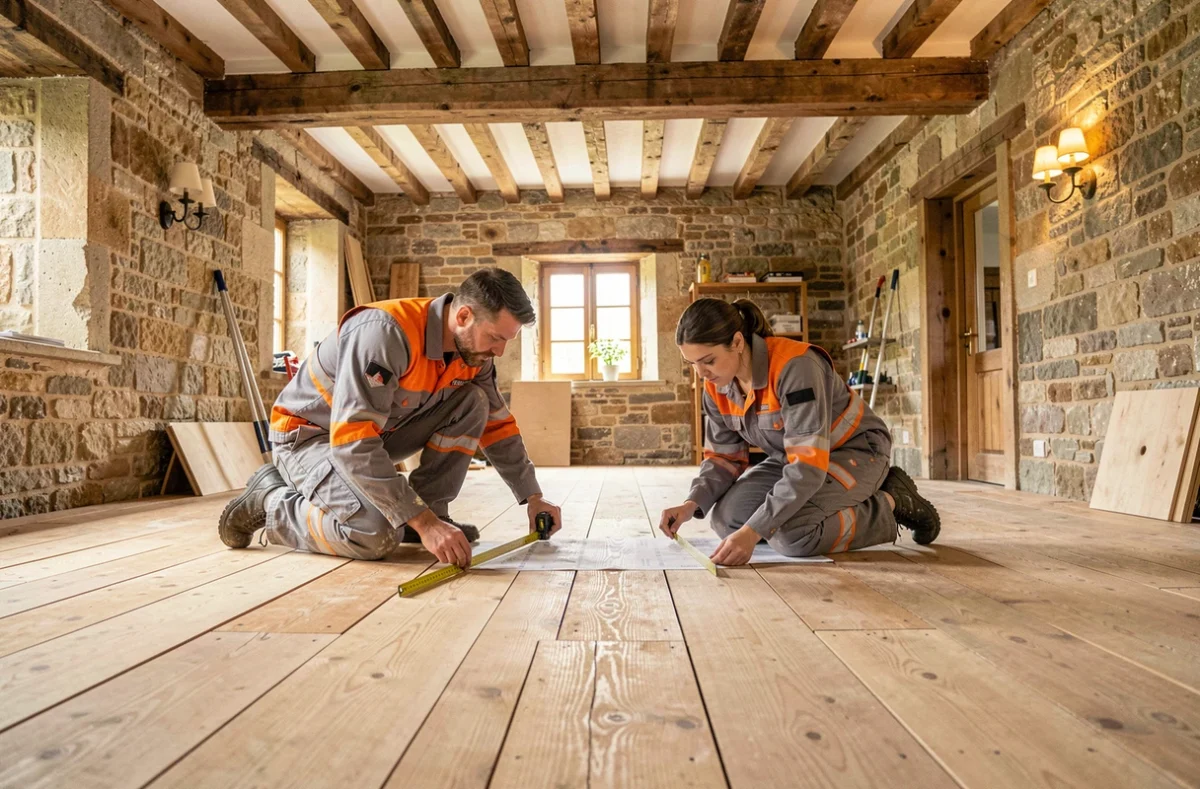 Équipe de Renovation MP mesurant un parquet dans une ferme normande en pierre avec des murs en pierre et des poutres apparentes en Seine-Maritime