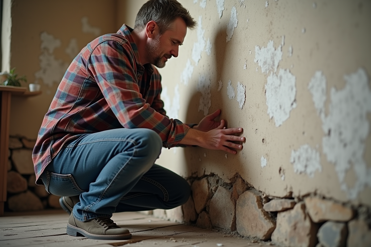 Hommes inspectant un mur endommage par le salpetre intérieur
