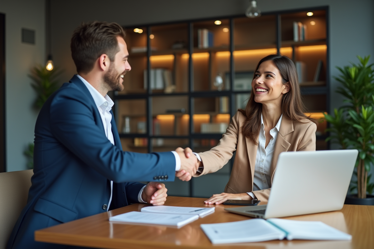 Deux entrepreneurs se serrant la main dans un bureau moderne