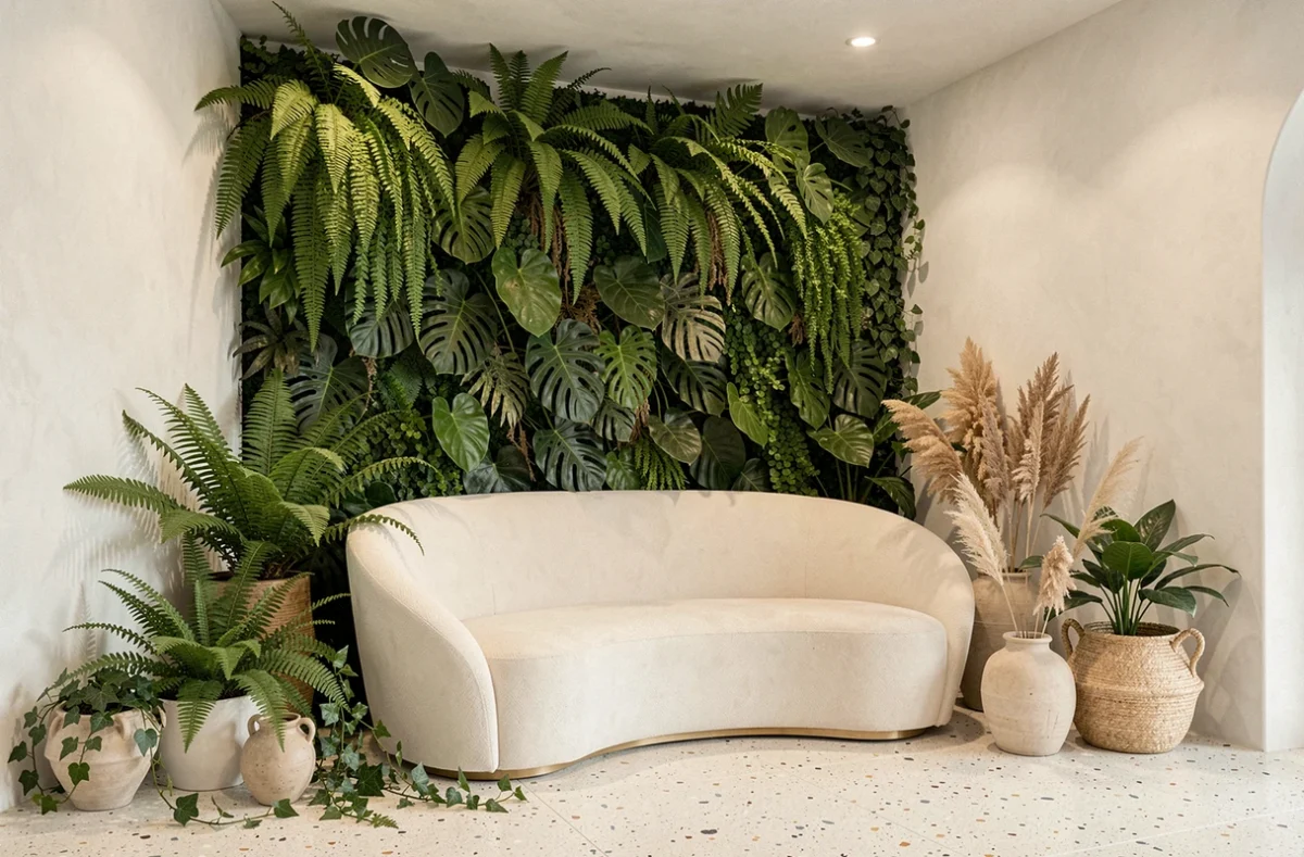 Installation végétale intérieure réalisée par Ribeau-Fleurs avec un mur végétal tropical, plantes suspendues et scénographie botanique dans un espace contemporain