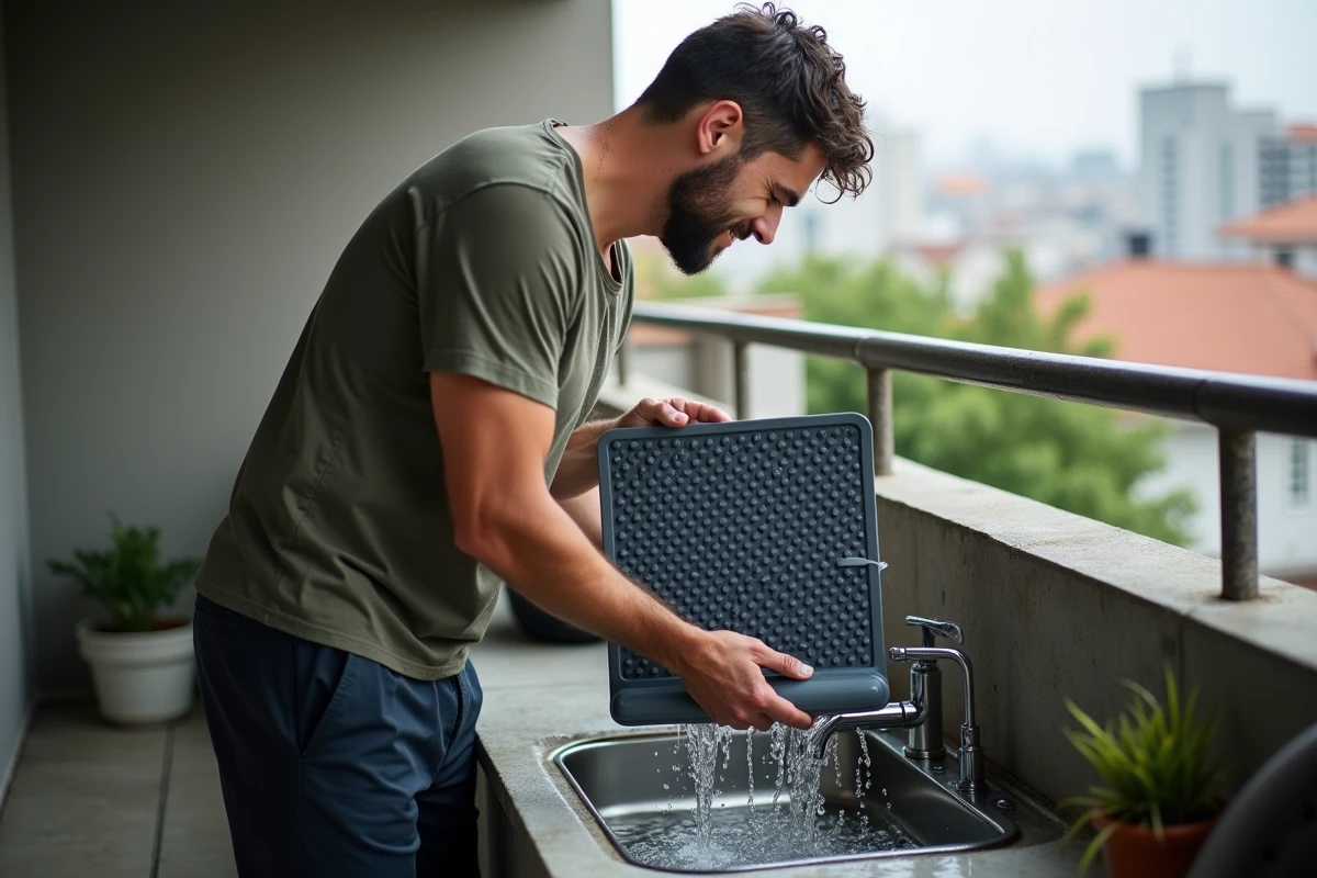 Homme rinçant un tapis antidérapant de bain gris à l'eau courante sur un balcon d'appartement
