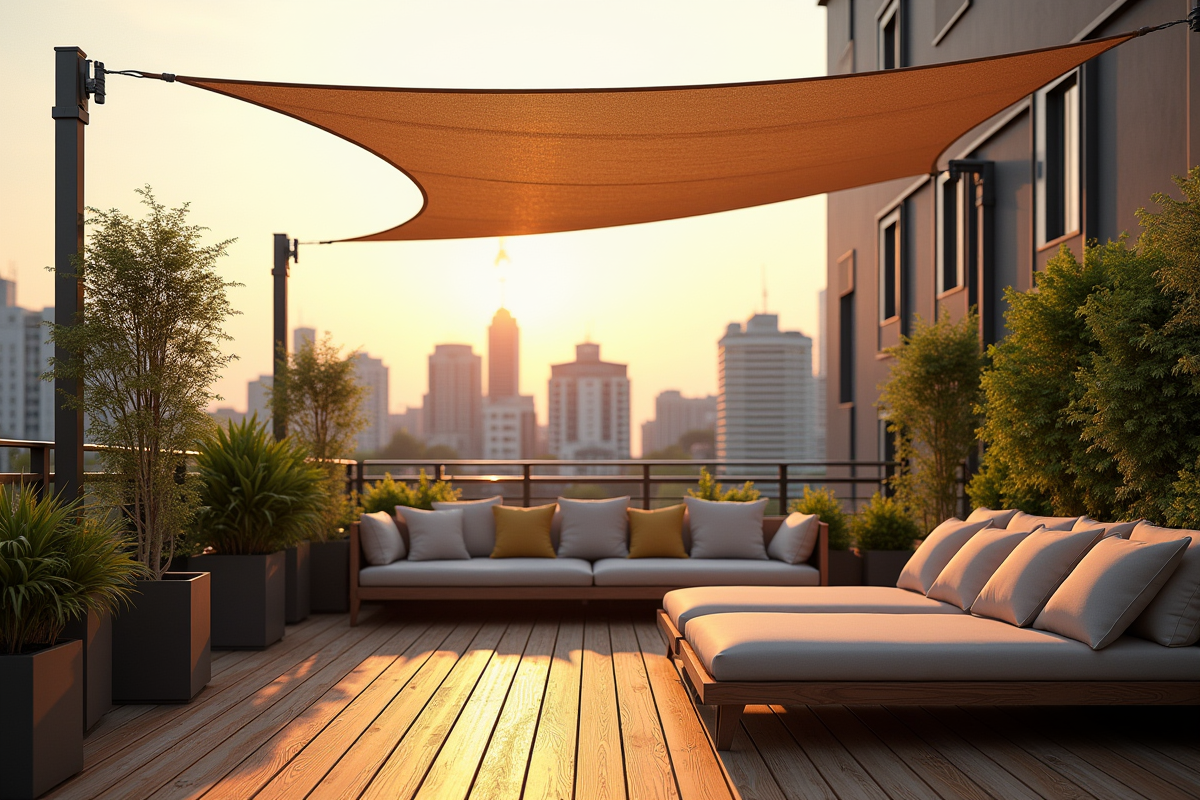 Petite terrasse urbaine sur le toit avec mobilier et vue sur la ville