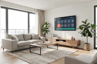 Salon moderne avec une tablette murale de pilotage de la maison connectée