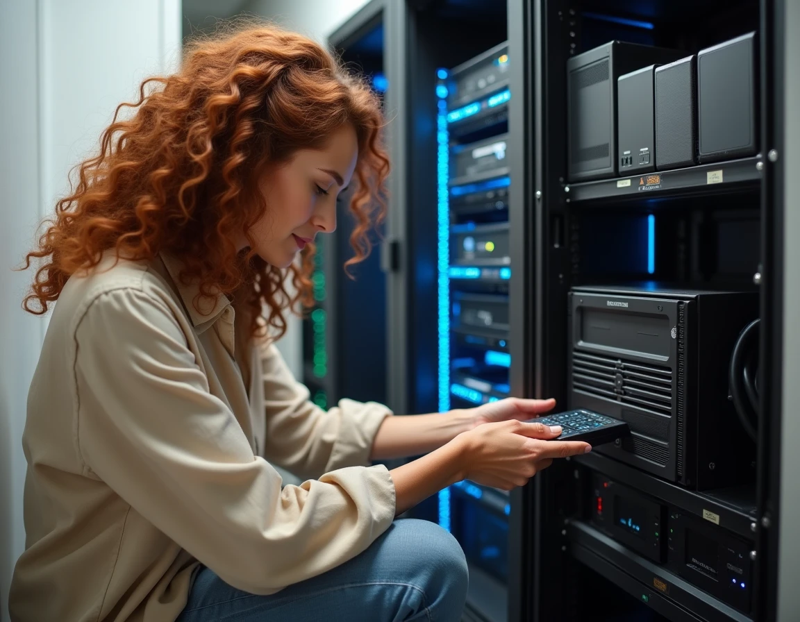 Femme effectuant une sauvegarde de photos numériques sur un disque dur externe dans une salle de stockage domestique