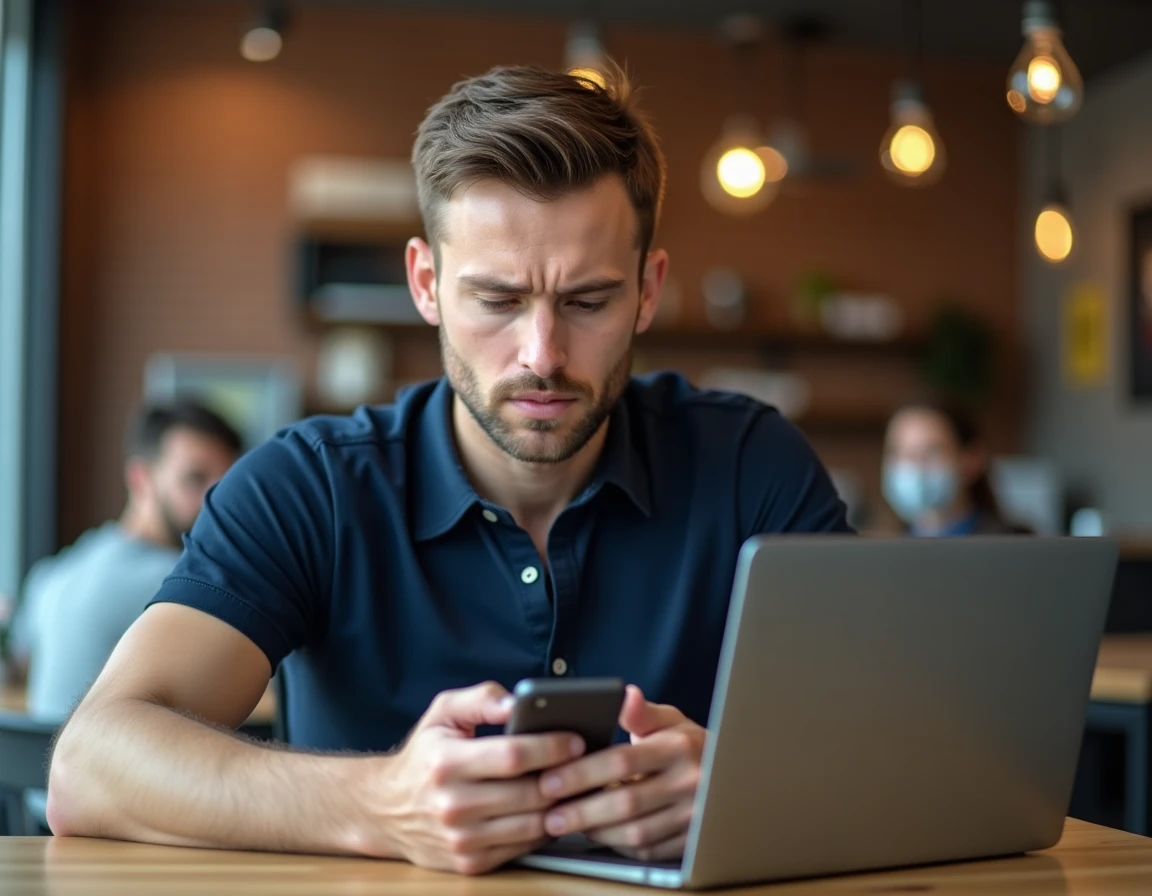 Homme sécurisant ses photos numériques avec une authentification à deux facteurs sur smartphone dans un café