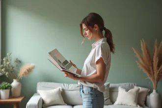 Femme choisissant des échantillons de peinture dans un salon moderne