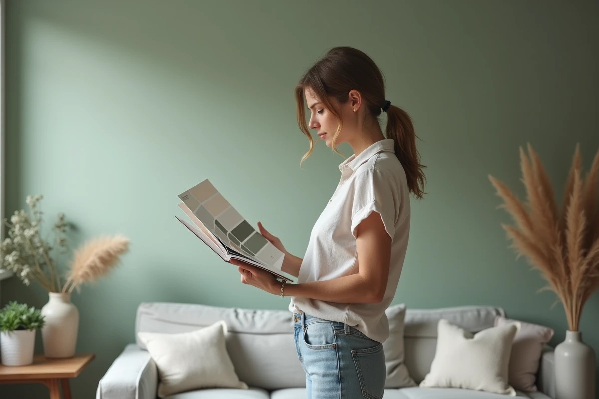 Femme choisissant des échantillons de peinture dans un salon moderne