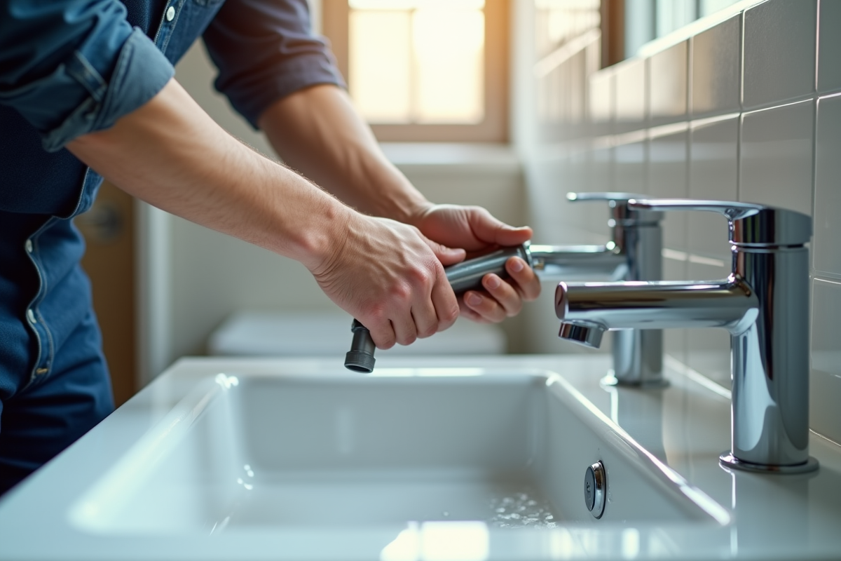 Mains de plombier serrant un tuyau sous un lavabo lumineux