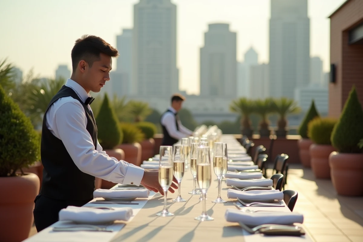 Serveur alignant des flûtes à champagne sur une table de réception en terrasse avec vue urbaine en arrière-plan