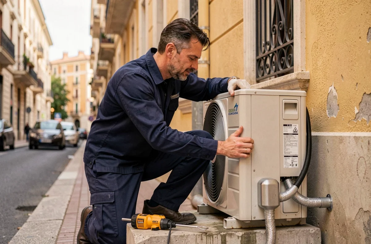 Installateur Sofrat Chauffage Climatisation à Marseille fixant une unité extérieure de pompe à chaleur sur un immeuble urbain