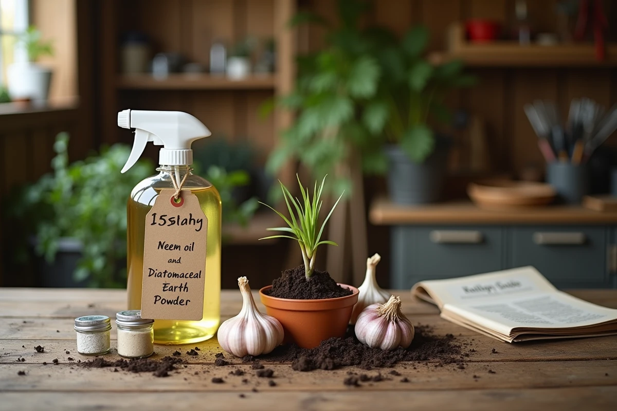 Solutions naturelles contre les vers blancs disposées sur une table en bois : huile de neem, terre de diatomée, ail et guide de jardinage