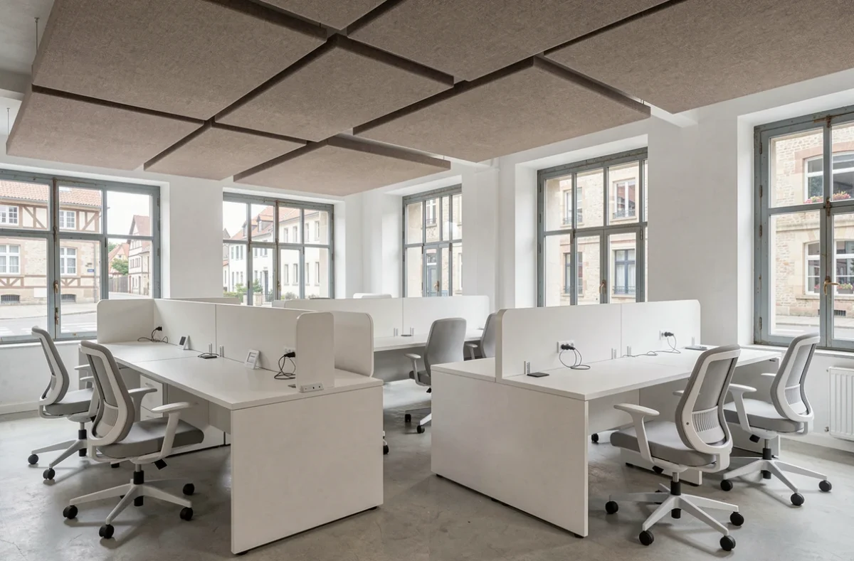 Espace professionnel contemporain aménagé par Studio 1984 à Colmar, avec cloisons en chêne blanc, postes de travail ergonomiques et panneaux acoustiques