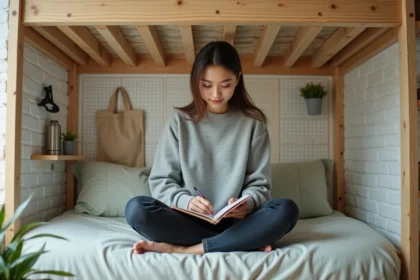 Jeune étudiante dans un studio optimisé avec lit mezzanine et bureau intégré pour maximiser l'espace