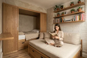 Studio de 25m² optimisé avec un lit escamotable, des rangements intégrés et un canapé convertible dans un appartement parisien