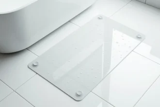 Tapis antidérapant de bain transparent posé sur carrelage blanc en vue du dessus dans une salle de bains minimaliste