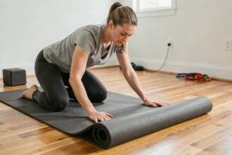 Femme déroulant un tapis de sol épais sur un parquet en bois dans une salle de sport à domicile