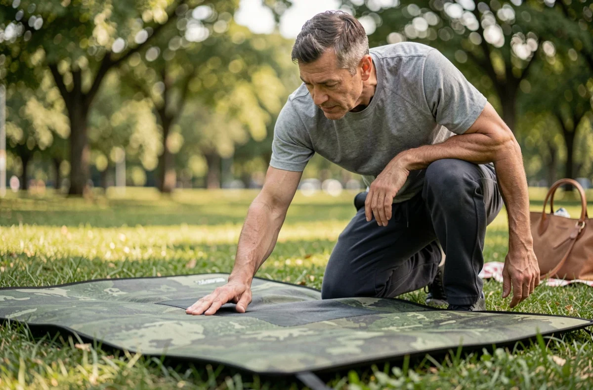 Homme inspectant un tapis de sol résistant posé sur l'herbe dans un parc en plein air