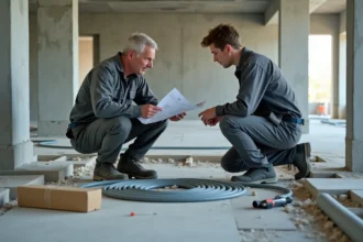 Technicien chauffagiste consultant les plans d'une chape plancher chauffant avec son collègue sur chantier