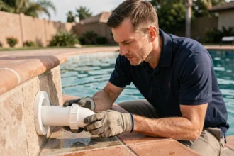 Technicien inspectant un raccord étanche pour piscine au bord d'un bassin résidentiel en extérieur