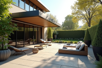 Terrasse moderne avec mobilier extérieur et pergola solaire