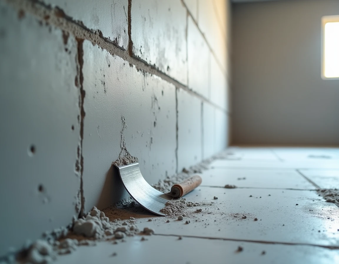 Gros plan sur la texture d'enduit appliqué sur parpaing avec une spatule en acier lors d'une première rénovation intérieure
