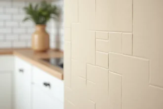 Gros plan sur une toile enduite beige posée sur un mur de cuisine moderne, révélant la texture tissée sous le revêtement vinylique protecteur