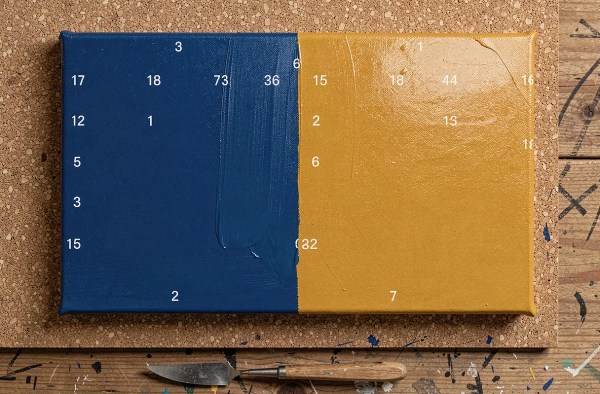 Gros plan d'une toile paint by number montrant des contours nets entre les zones de couleur, sans effet de pixelisation